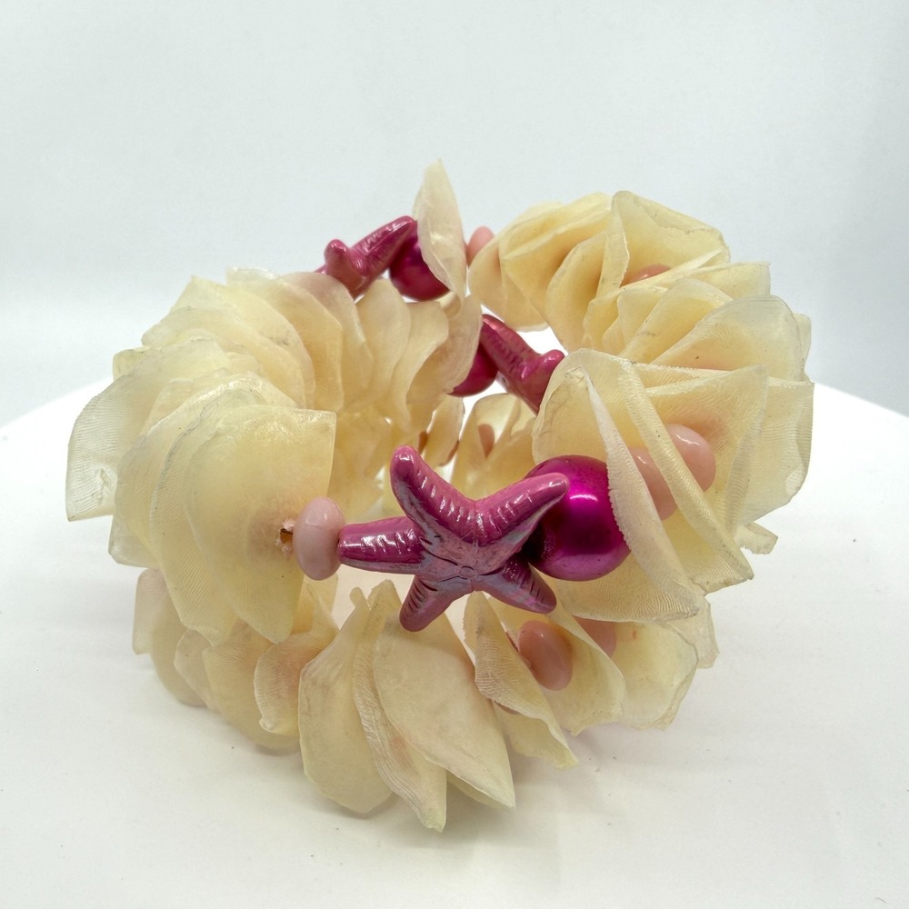 Coastal Starfish Bracelet Cream Fabric Petals Pink Accents Stretchy Beachy Chic